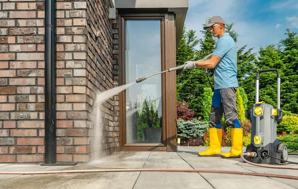 Worker pressure washing the exterior wall of a brick home